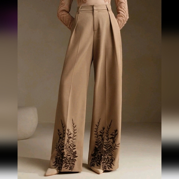 High Waisted Straight Leg Trousers With Floral Embroidery Design, New Year's - Picture 1 of 5